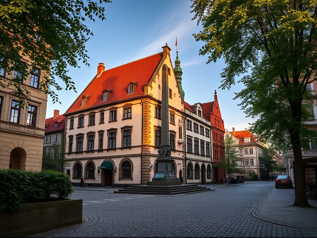 Panorama miasta Mikołów z widocznymi historycznymi i współczesnymi budynkami.