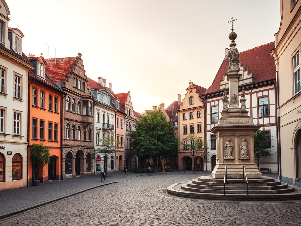 Widok na rynek w Mikołowie z ratuszem i kościołem w tle.