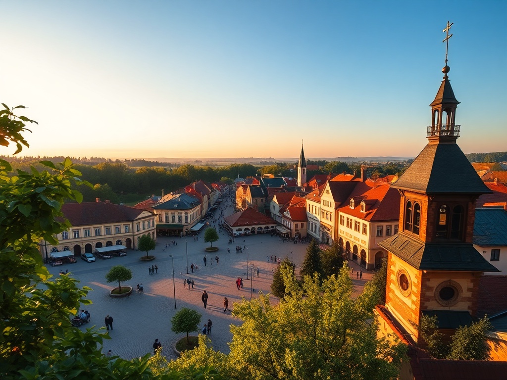 Malowniczy krajobraz Mikołowa z zielenią i zabytkowymi budynkami w tle.